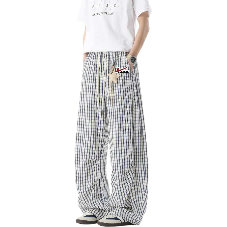 WARRIOR Casual Pants Unisex Blue Plaid DIY Badge Moderate Straight Fit Pants