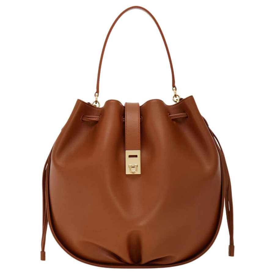 FERRAGAMO Hug Calfskin Bucket Bag, One Shoulder Handbag Women's Natural Brown