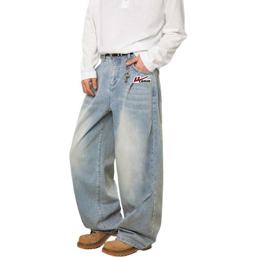 WARRIOR Jeans Unisex Light Gray Blue DIY Badge Moderate Straight Fit Pants