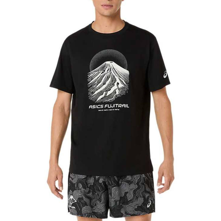 ASICS FUJITRAIL T Shirts Men's Performance Black/Beige/Carbon Crew Neck Moderate Straight Fit
