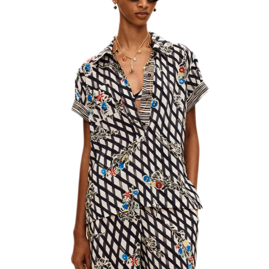 CHANEL Shirts Women's White Black Blue Red Lapel Moderate