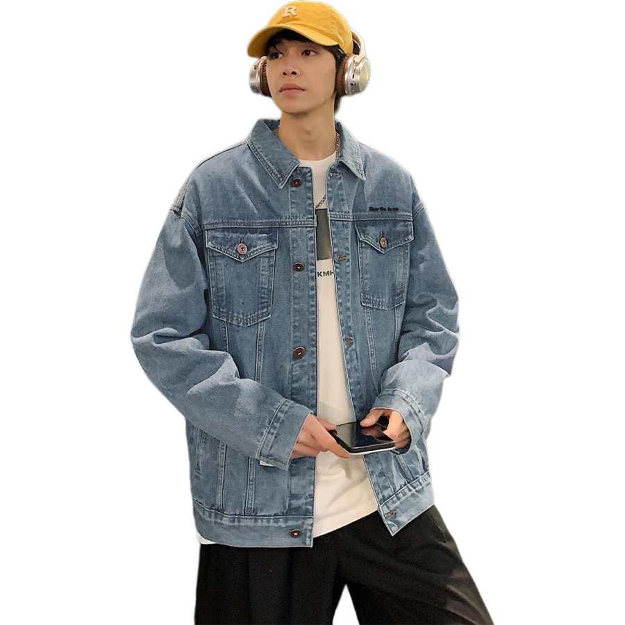 Tonlion Denim Jackets Unisex Medium Denim Blue Lapel Moderate Straight Fit