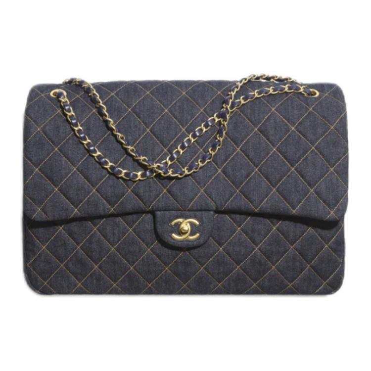 CHANEL Denim & Gold Metal Shoulder Bag Extra Large Women's Dark Blue & Orange