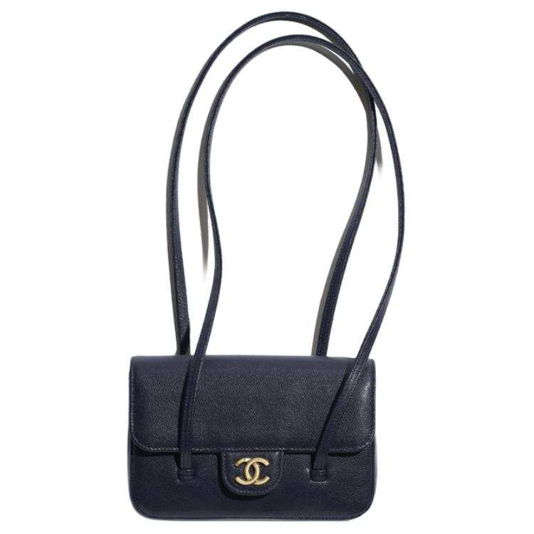 CHANEL 26P Grain Embossed Shiny Calfskin & Gold Metal Handbag, Shoulder Bag Mini Women's Dark Blue