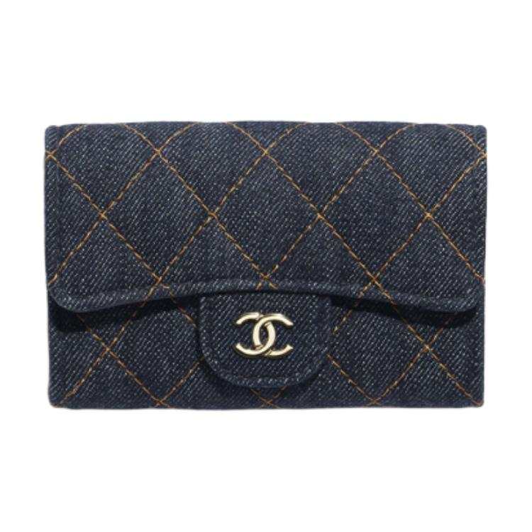 CHANEL Denim & Gold Metal Flap Bag, Wallet, Card Holder Women's Dark Blue & Orange