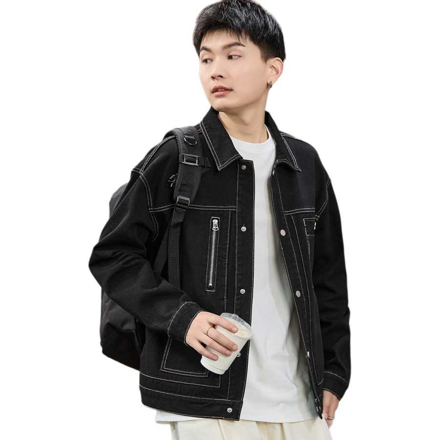 Tonlion Denim Jackets Unisex Black Lapel Moderate Straight Fit