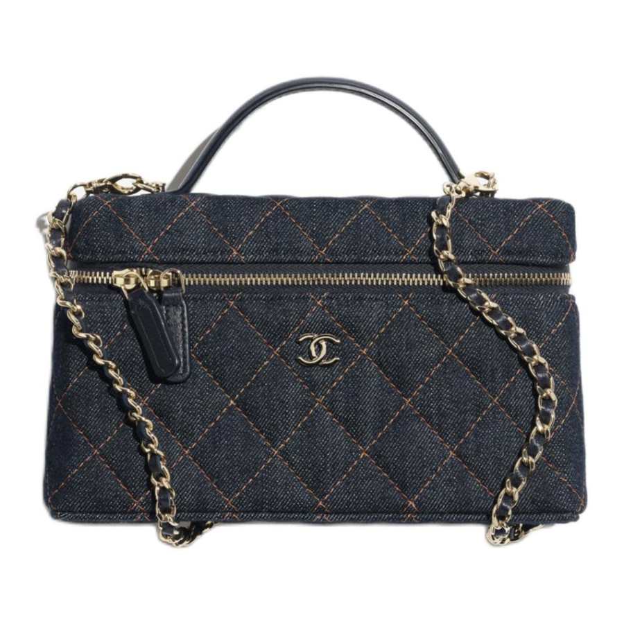 CHANEL Denim & Gold Metal Box Bag, Crossbody Handbag Women's Dark Blue & Orange