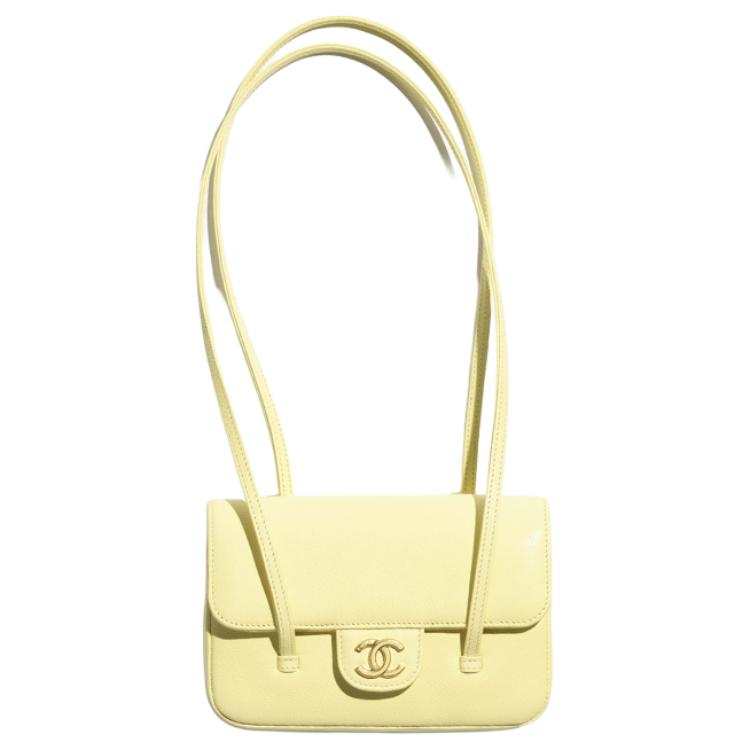 CHANEL 26P Grain Embossed Shiny Calfskin & Gold Metal Long Handle Bag, Shoulder Bag Women's Light Yellow