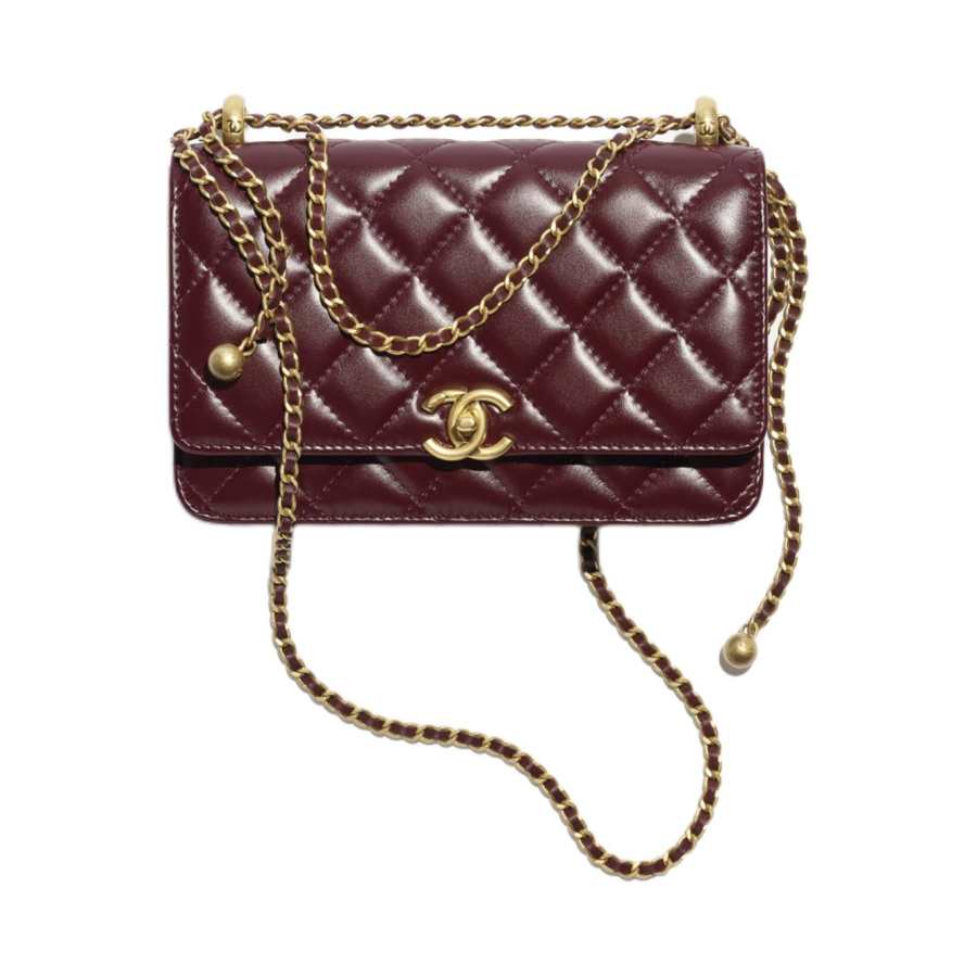 CHANEL Shiny Calfskin & Gold Metal Shoulder Bag, Crossbody Bag Regular Women's Dark Burgundy