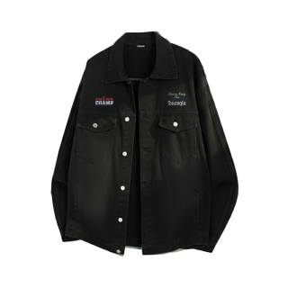 HUANQIU Denim Jackets Unisex Stand Collar Moderate Straight Fit