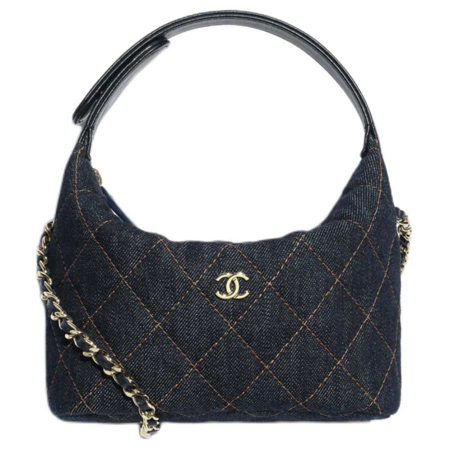 CHANEL 26P Denim & Gold Metal One Shoulder Handbag Women's Dark Blue & Orange