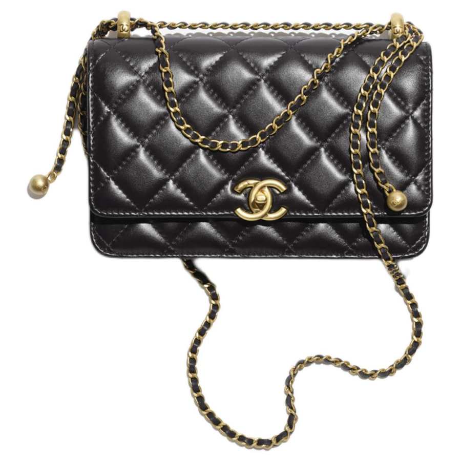 CHANEL WOC Shiny Calfskin With Gold Metal Spiral Buttons Wallet On Chain Crossbody Bag Women's Black