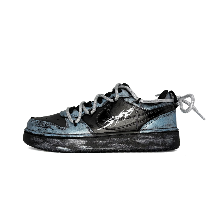 Nike Nike Court Borough Silver Blue River, Graffiti Hand Drawn Synthetic Leather Abrasion Resistant Slip Resistant