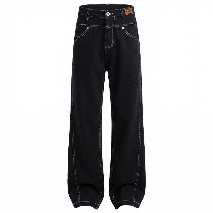HUANQIU Jeans Unisex Black Thickened Straight Fit Pants