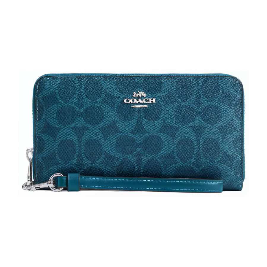 COACH Zip Around Coated Canvas Wallet Small Women's Ocean Cyan