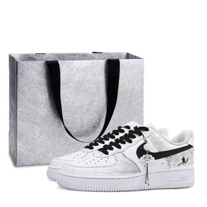 Nike Nike Air Force 1 07 Black, Gift Bag Style Leather Low top Skateboard Shoes Men's Gray White