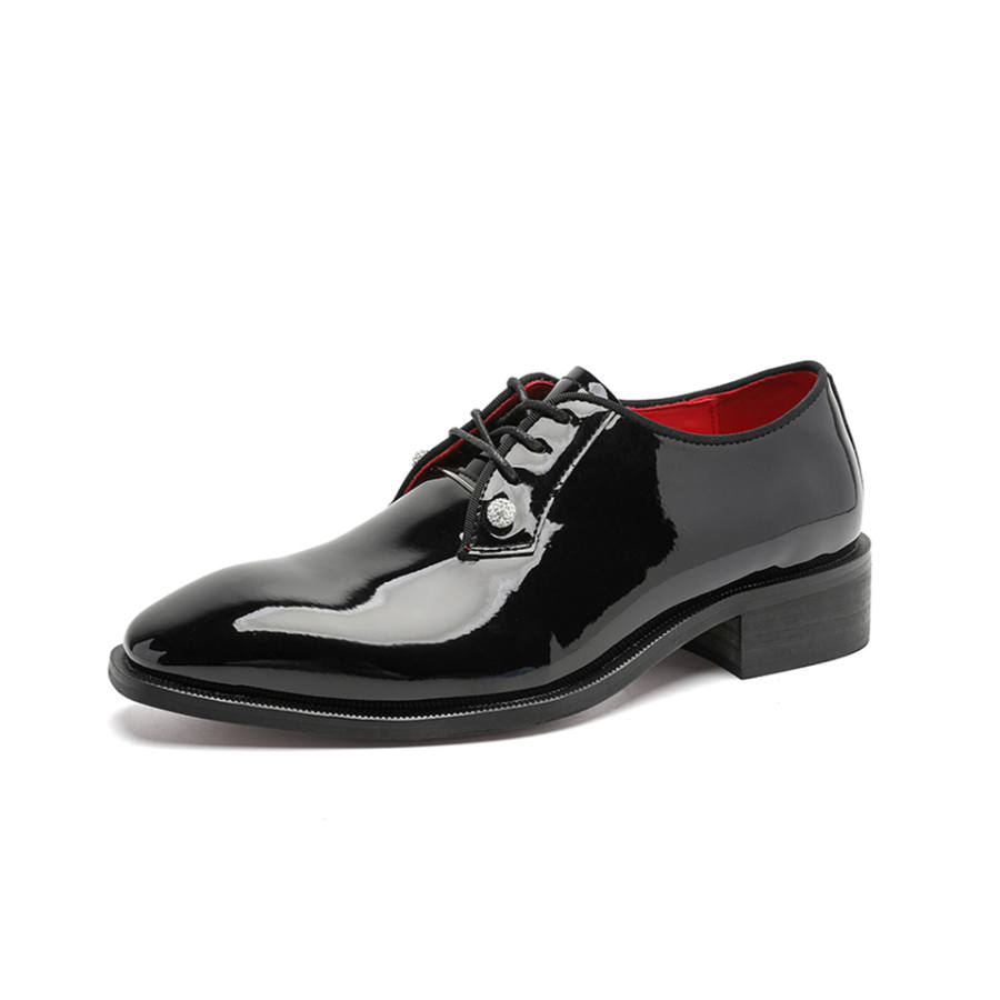 Lanza Black Rhinestone Embellished Red Sole Shiny Derby Shoes, Luxury Premium Texture Bridegroom Wedding Shoes