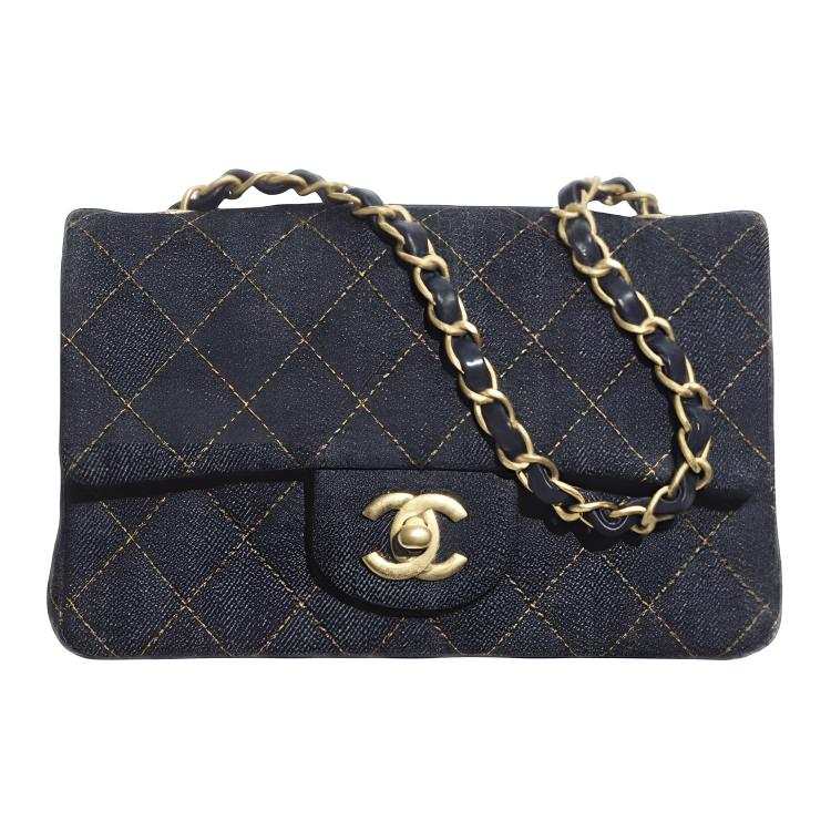 CHANEL Denim With Gold Metal Shoulder Bag Mini Women's Dark Blue & Orange