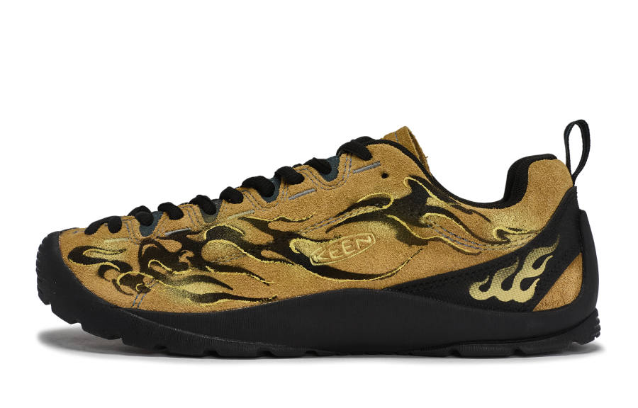 KEEN Jasper REGO Hot Dog, Golden Stream Fire Leather Abrasion Resistant Low top Outdoor Shoes Women's Brown Gold Black