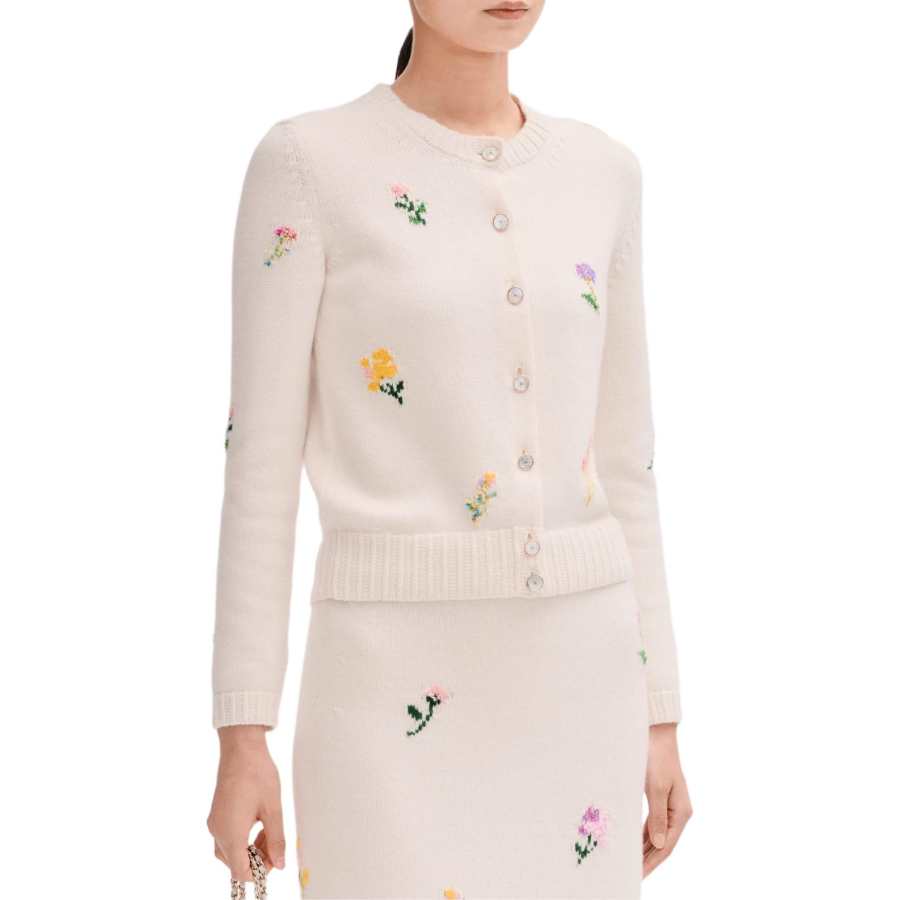 CHANEL Knitwear Women's Ivory Multicolor Crew Neck Moderate Cardigan