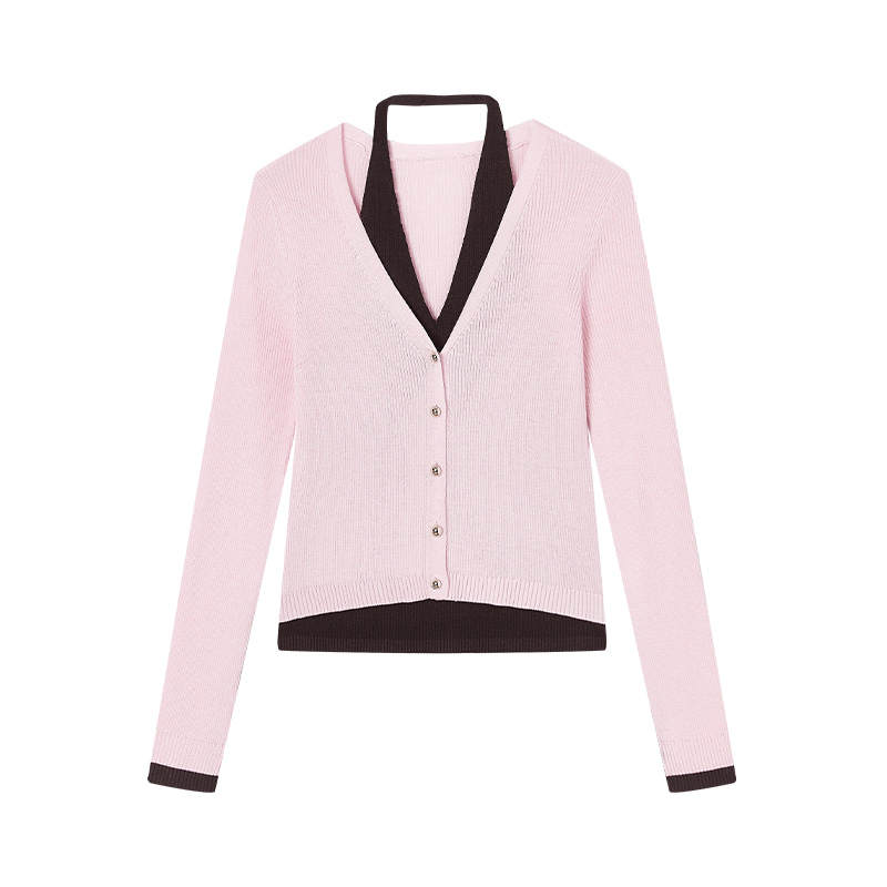 XIANGYING Knitwear Women's V Neck Moderate Mock Two Piece