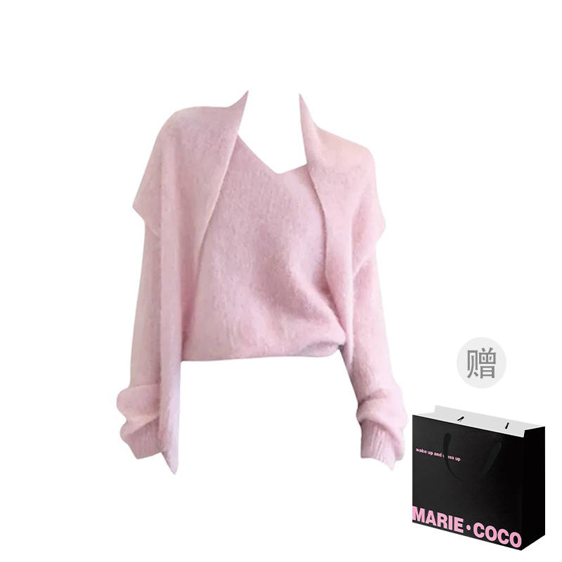 MARIE·COCO Knitwear Women's Pink Top With Shawl V Neck Moderate Two Piece Set