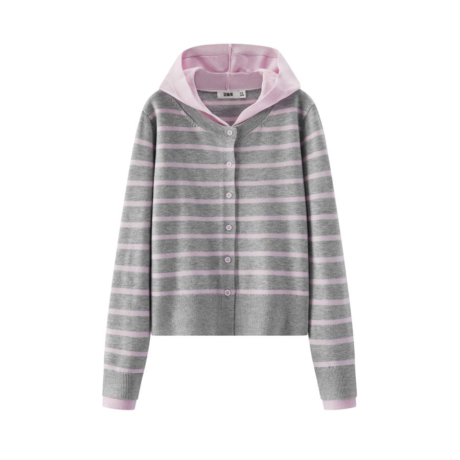 Semir Mall Same Style Women's Apparel Knitwear Women's Gray Red Tone 00326 Hooded Moderate