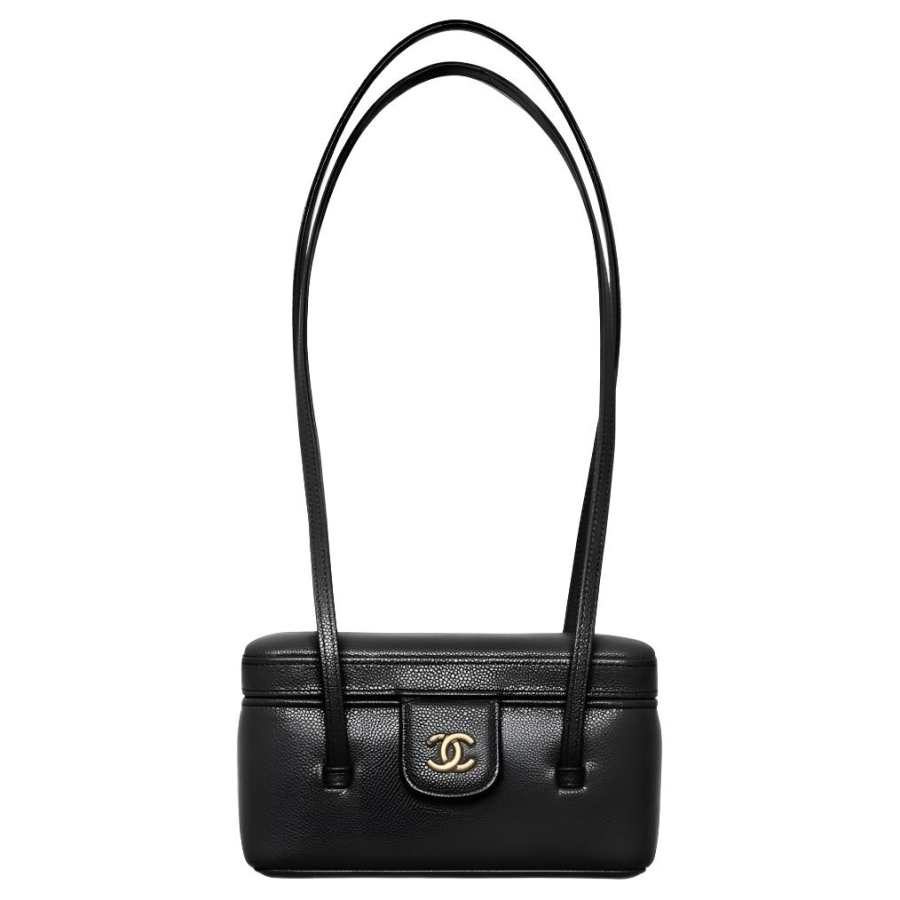 CHANEL Glossy Grain Calfskin & Gold Metal Shoulder Bag Women's Black