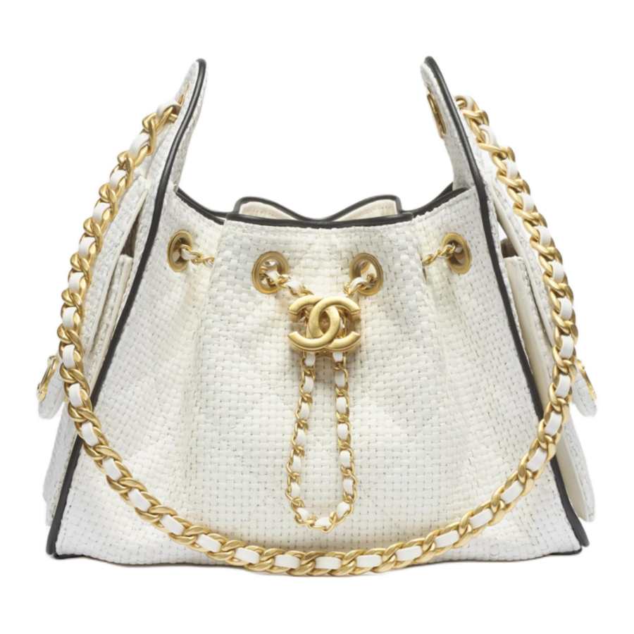 CHANEL 25Bag Woven Coir Fiber With Canvas & Calfskin & Gold Metal Hippie Bag, Shoulder Bag Women's White & Black