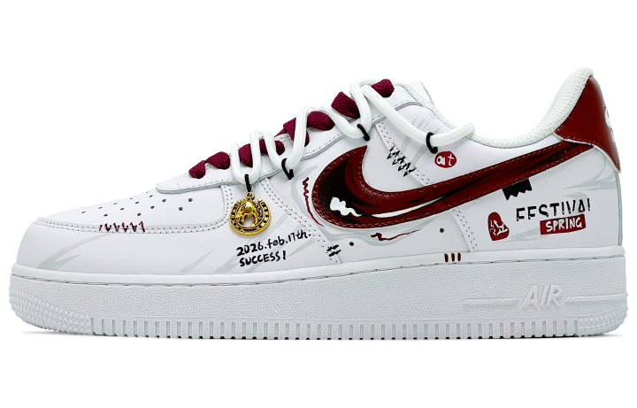 Nike Nike Air Force 1 Leather Abrasion Resistant Low top Skateboard Shoes Men's White Red