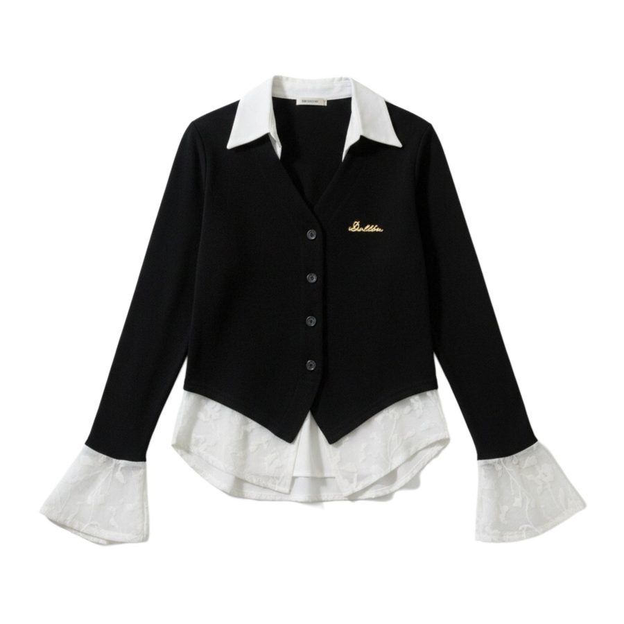Sugarfunk Sugarfunk T Shirts Women's Black Lapel Moderate Mock Two Piece