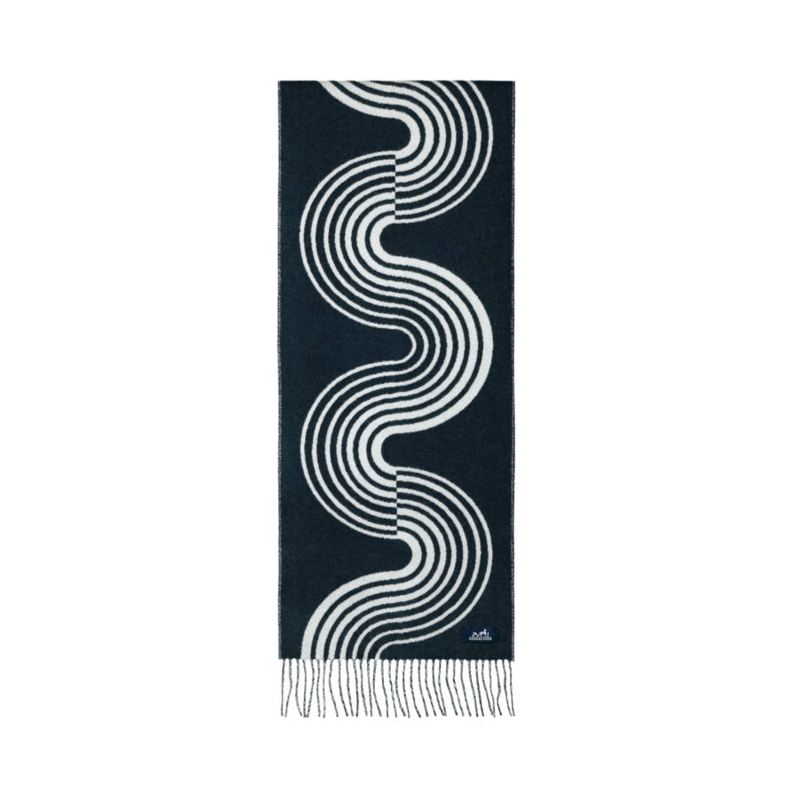 HERMES Casaque Vague Patterned Print Cashmere Knit Scarves Unisex Blue