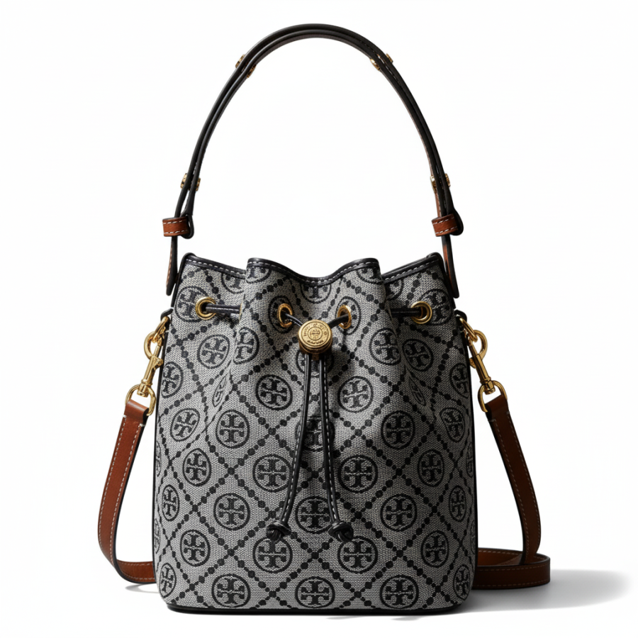 TORY BURCH T Monogram Cotton With Polyester Jacquard And Leather Bucket Bag, Crossbody Handbag Medium Women's