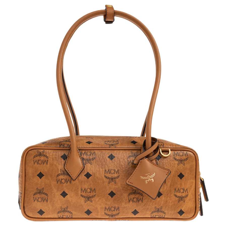 MCM Aren Embossed Leather Shoulder Bag Small Women's Cognac