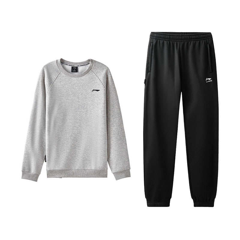 Li-Ning Li Ning Without Hood Pullover Crew Neck Fleece Lined Thermal Long Sleeved Top Comfortable Pants Sweatshirt Set Men's