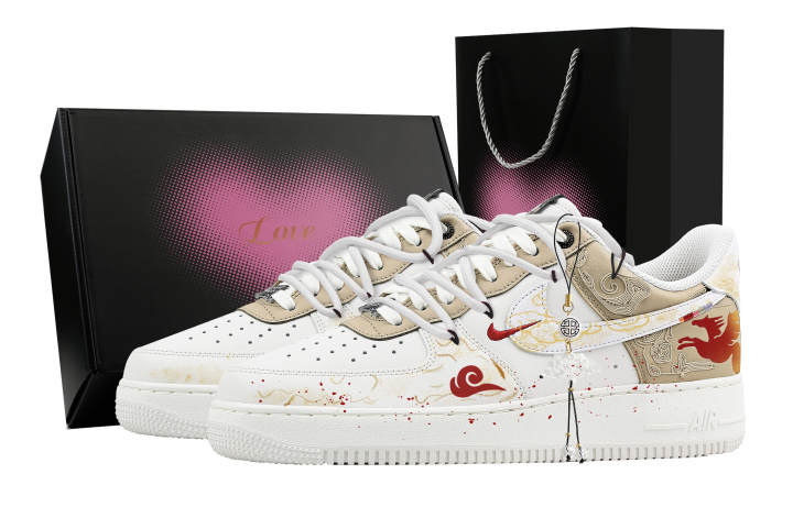 Nike Nike Air Force 1 Galloping Mountains And Rivers, Heart Box Leather Breathable Low top Skateboard Shoes Men's Ecru