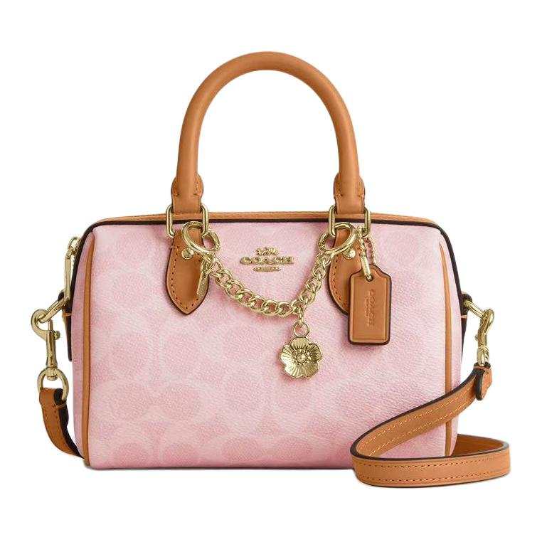 COACH Rowan Artificial Leather Boston Bag, Crossbody Handbag Mini Women's Cherry Blossom Pink