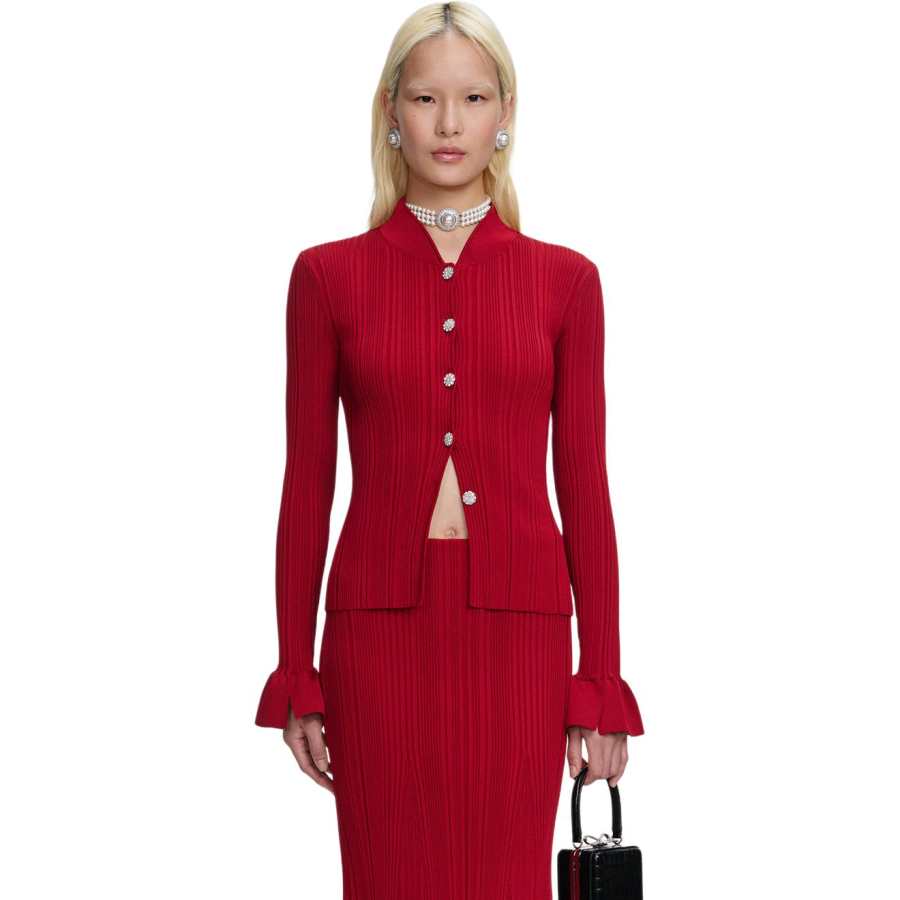 Self-portrait Self Portrait Knitwear Women's Burgundy Stand Collar Moderate Cardigan