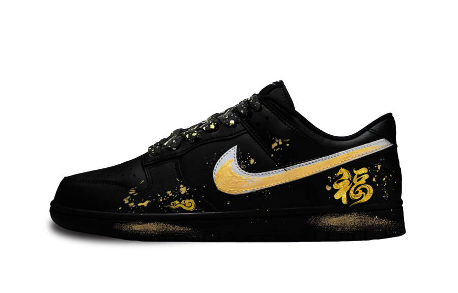 Nike Nike Dunk Golden Ink Painting Of Blessing Leather Slip Resistant Abrasion Resistant Low top Skateboard Shoes Unisex