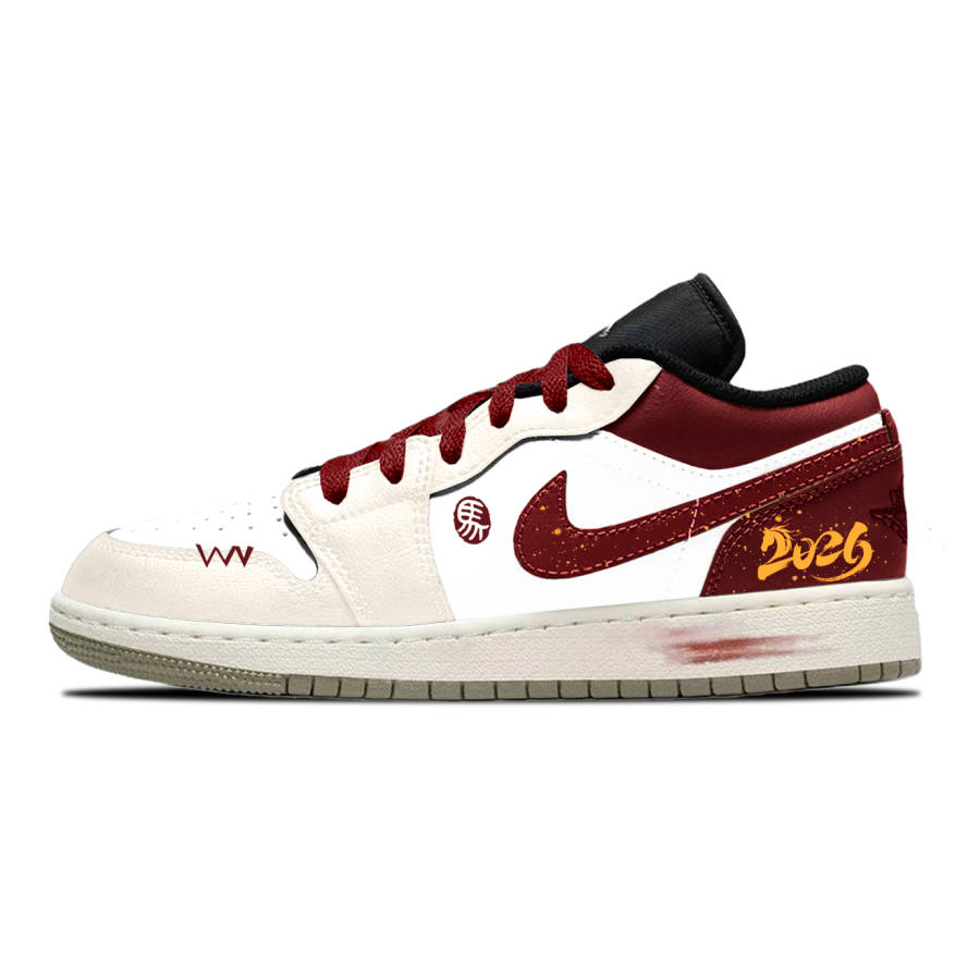 Jordan Jordan Air Jordan 1 Cheerful Slip Resistant Abrasion Resistant Low top Children's Basketball Shoes Beige Red Teenagers