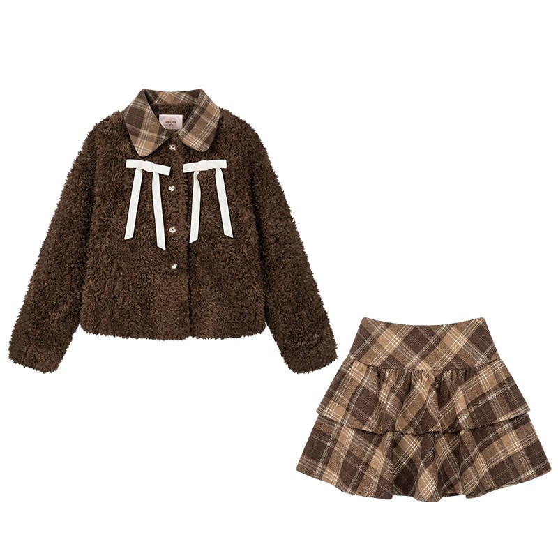 FABRIC PIG Two Piece Skirt Sets Women's Peter Pan Collar Thickened Short