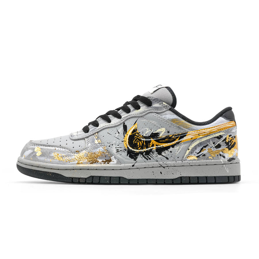 Nike Custom Nike Big Gold Eating Rose, Hand Drawn Gold Foil Comfortable Skateboard Shoes Unisex Gray Gold