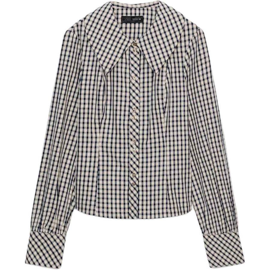 ZARA Shirts Women's Brown/Blue Lapel Moderate