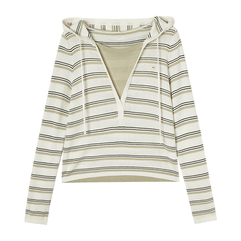 XIANGYING Knitwear Women's Stripes Hooded Moderate Mock Two Piece
