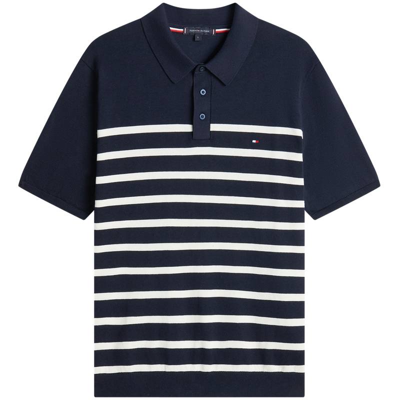 Tommy Hilfiger Knitwear Men's Navy Blue White Stripes 0A4 Lapel Moderate