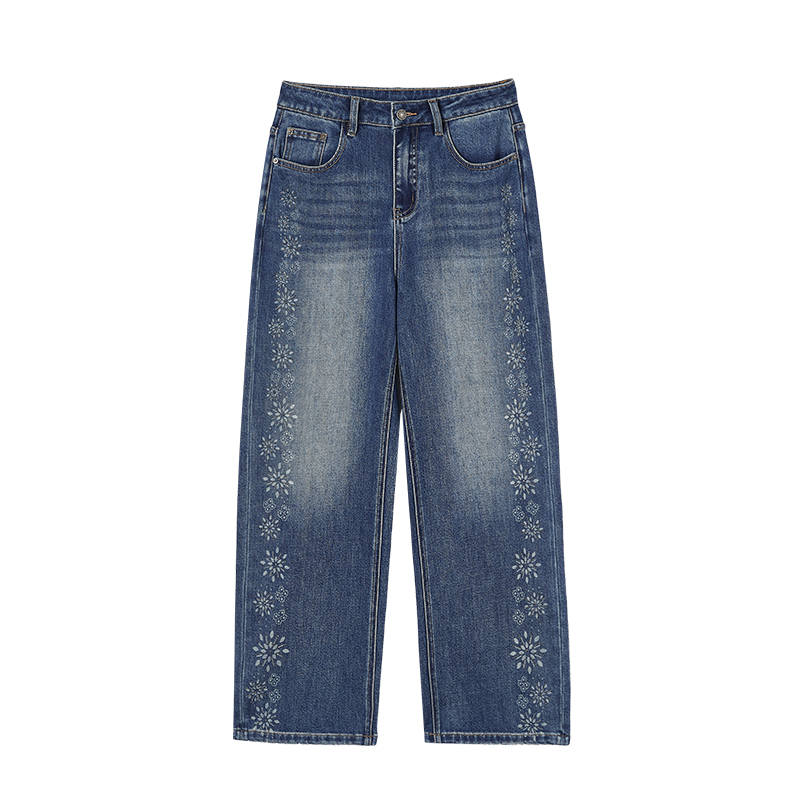 XIANGYING Jeans Women's Nautical Blue Moderate Wide Leg Pants