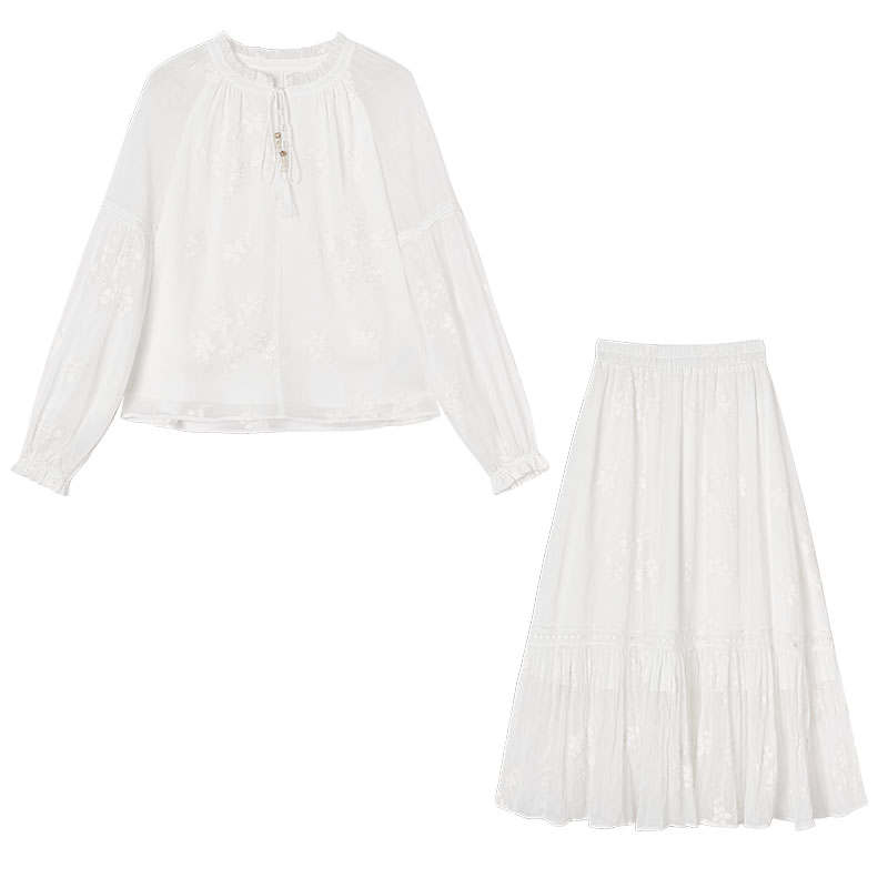 XIANGYING Two Piece Skirt Sets Women's White Crew Neck Thin Mid Length