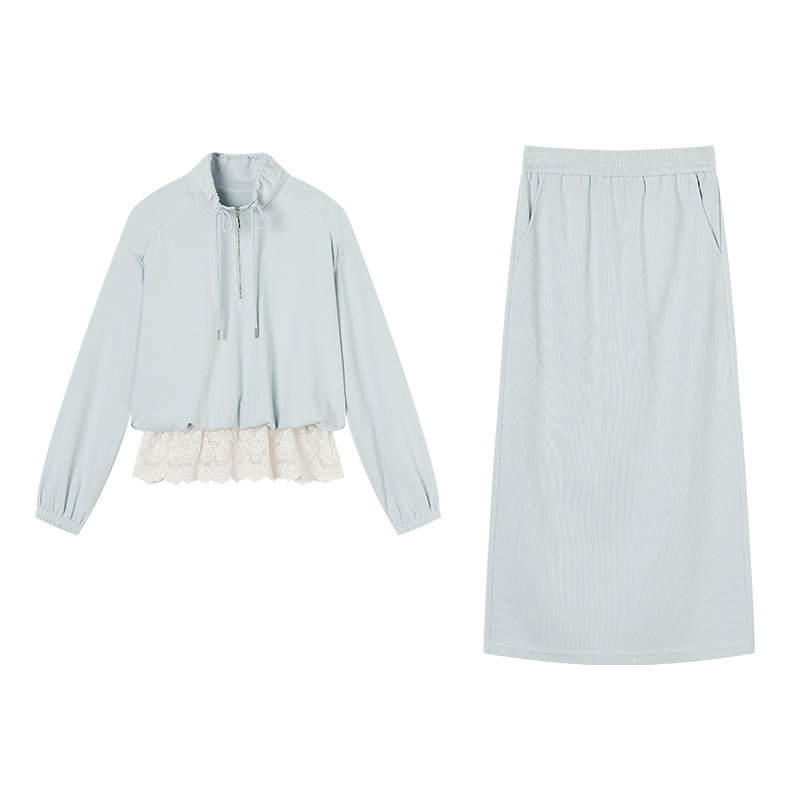 XIANGYING Two Piece Skirt Sets Women's Stand Collar Moderate Mid Length