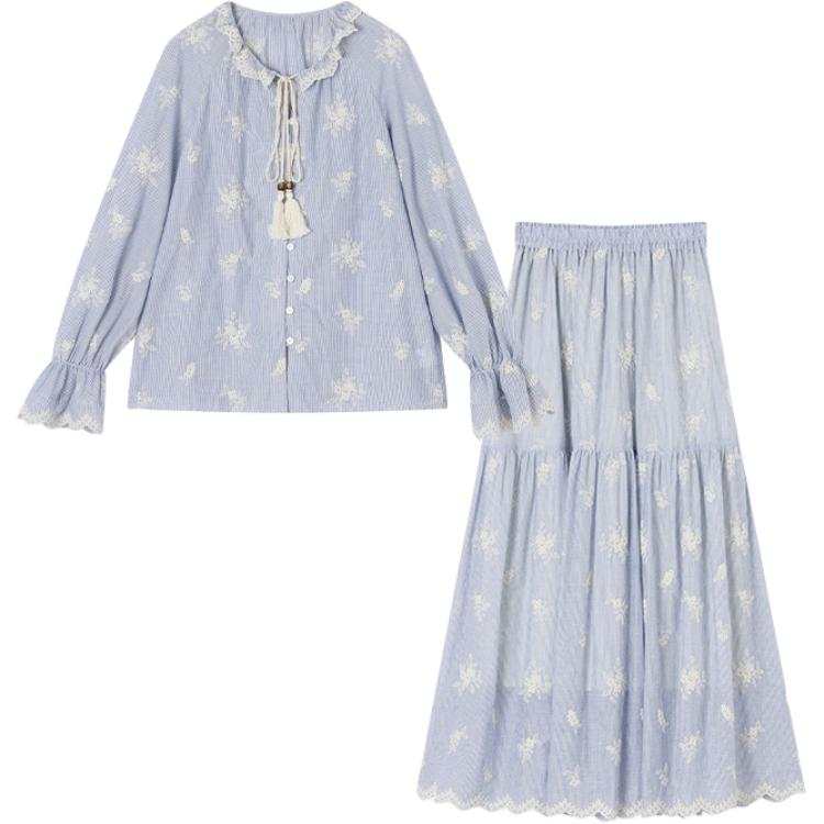 XIANGYING Two Piece Skirt Sets Women's Nautical Blue Crew Neck Moderate Mid Length