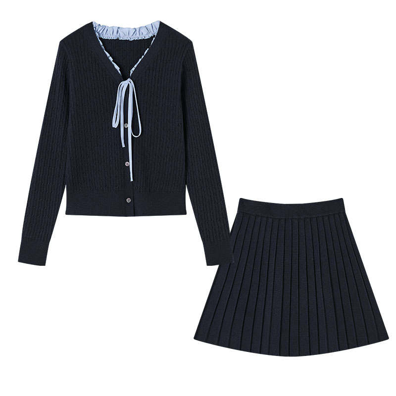 XIANGYING Two Piece Skirt Sets Women's Navy Blue V Neck Moderate Short